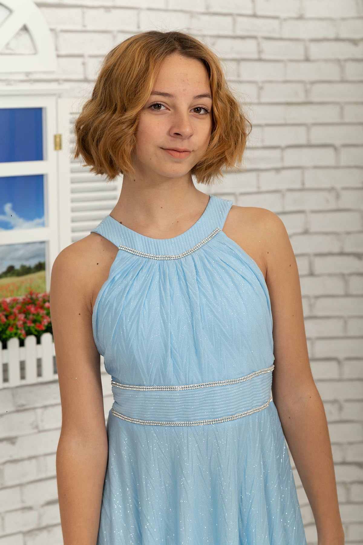 Талия и шея камень подробно, зигзаг серебристый шифон девочка детское вечернее платье 468 ребенок синий