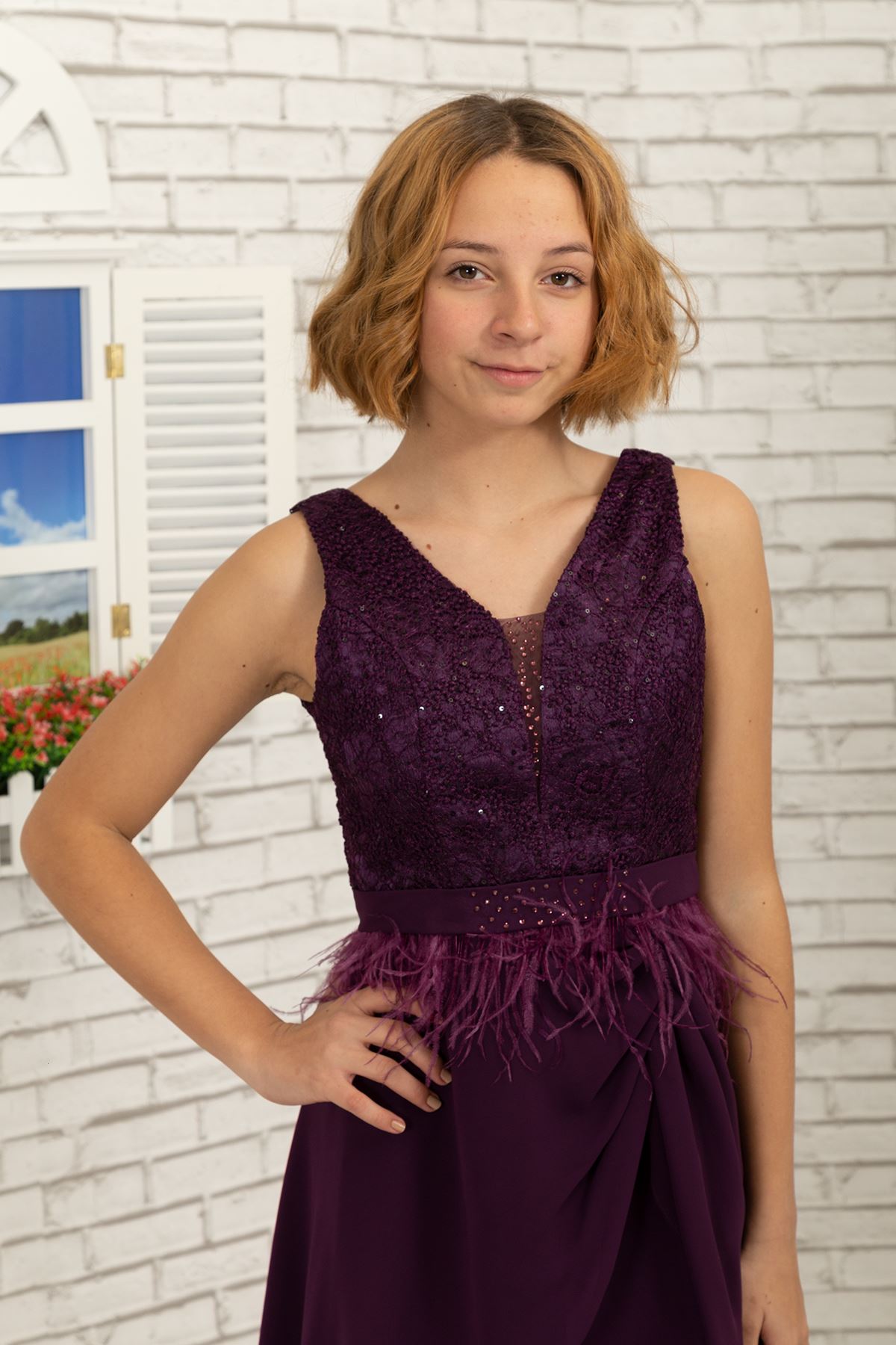 Body lace coated, skirt detailed chiffon girl children evening dress 494 Purple