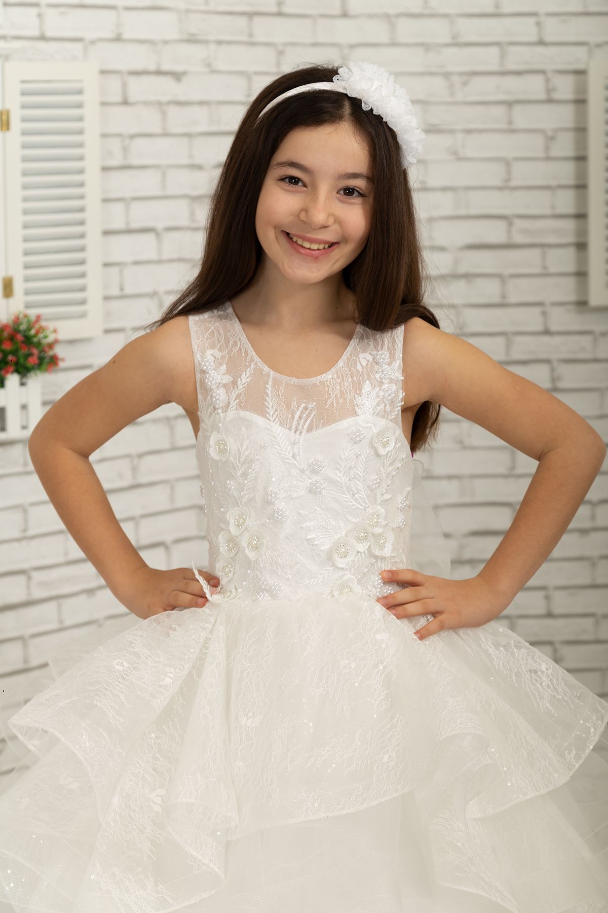 3D niestandardowe srebrzyste koronki Fluffy Girl ' s Sukienka wieczorna 629 krem