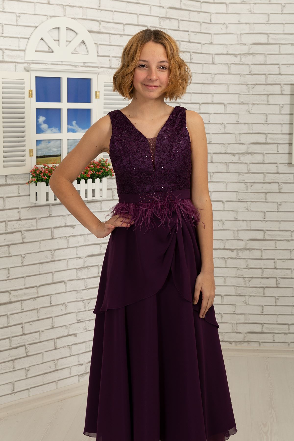 Body lace coated, rok detailed chiffon girl children evening dress 494 Purple