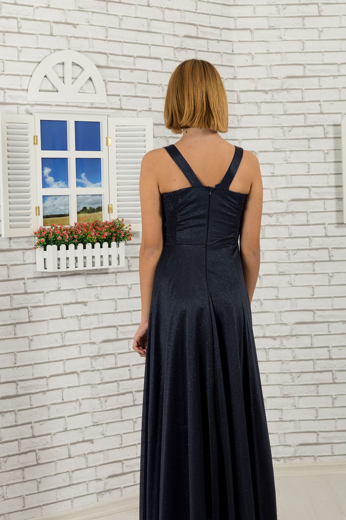 Талия с камъни, яка подробно, Сребърен шифон за момичета вечерна рокля 473 тъмно синьо