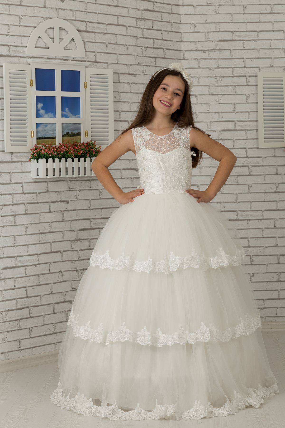 Lace embroidered bodied, layered skirt applique, tulle Fluffy Girl's Evening Dress 608 Cream
