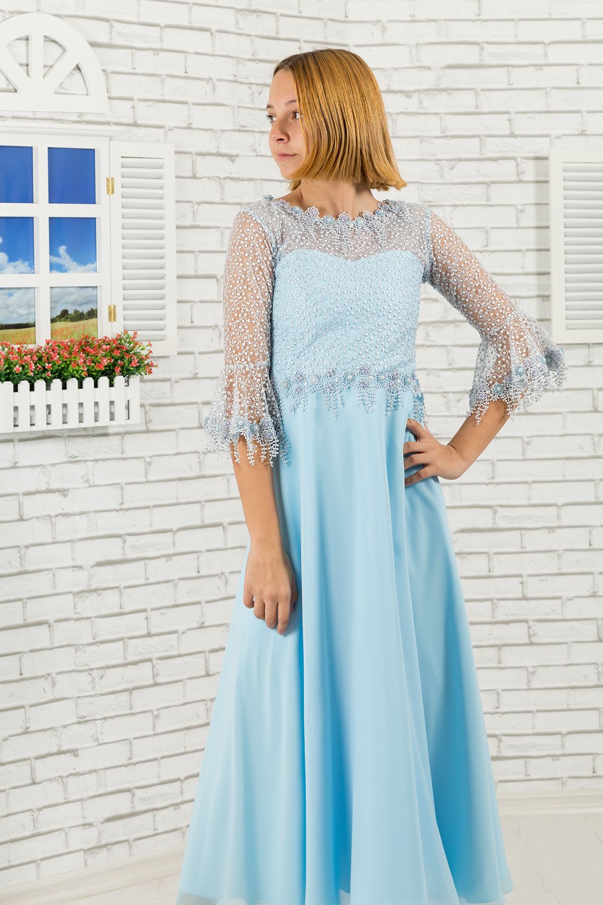 Λεπτομέρεια μανικιών δαντελλών, βραδινό φόρεμα κοριτσιών σιφόν 464 ανοικτό μπλε