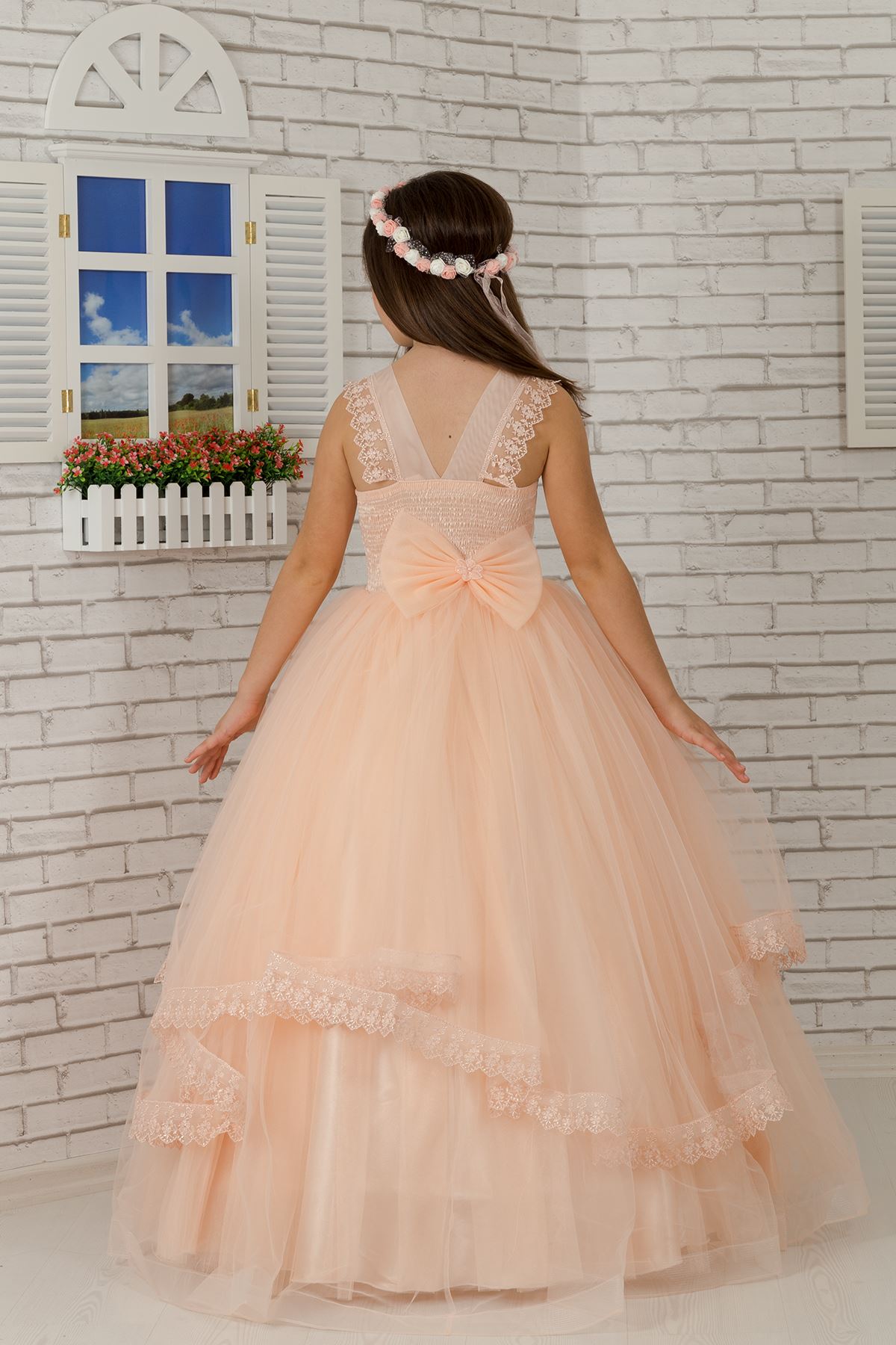 Schulter-detail, Körper bestickt, Tüll flauschige Mädchen Abendkleid Kleid 601 Lachs