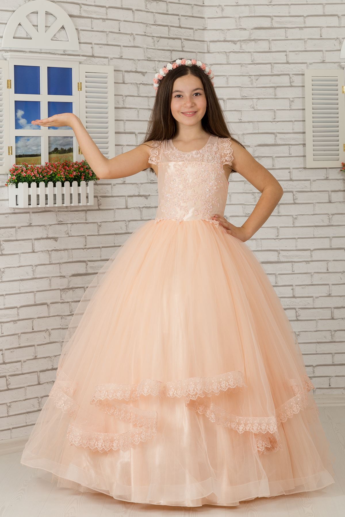 Shoulder detail, body embroidered, tulle fluffy girl's Evening Dress Dress 601 salmon