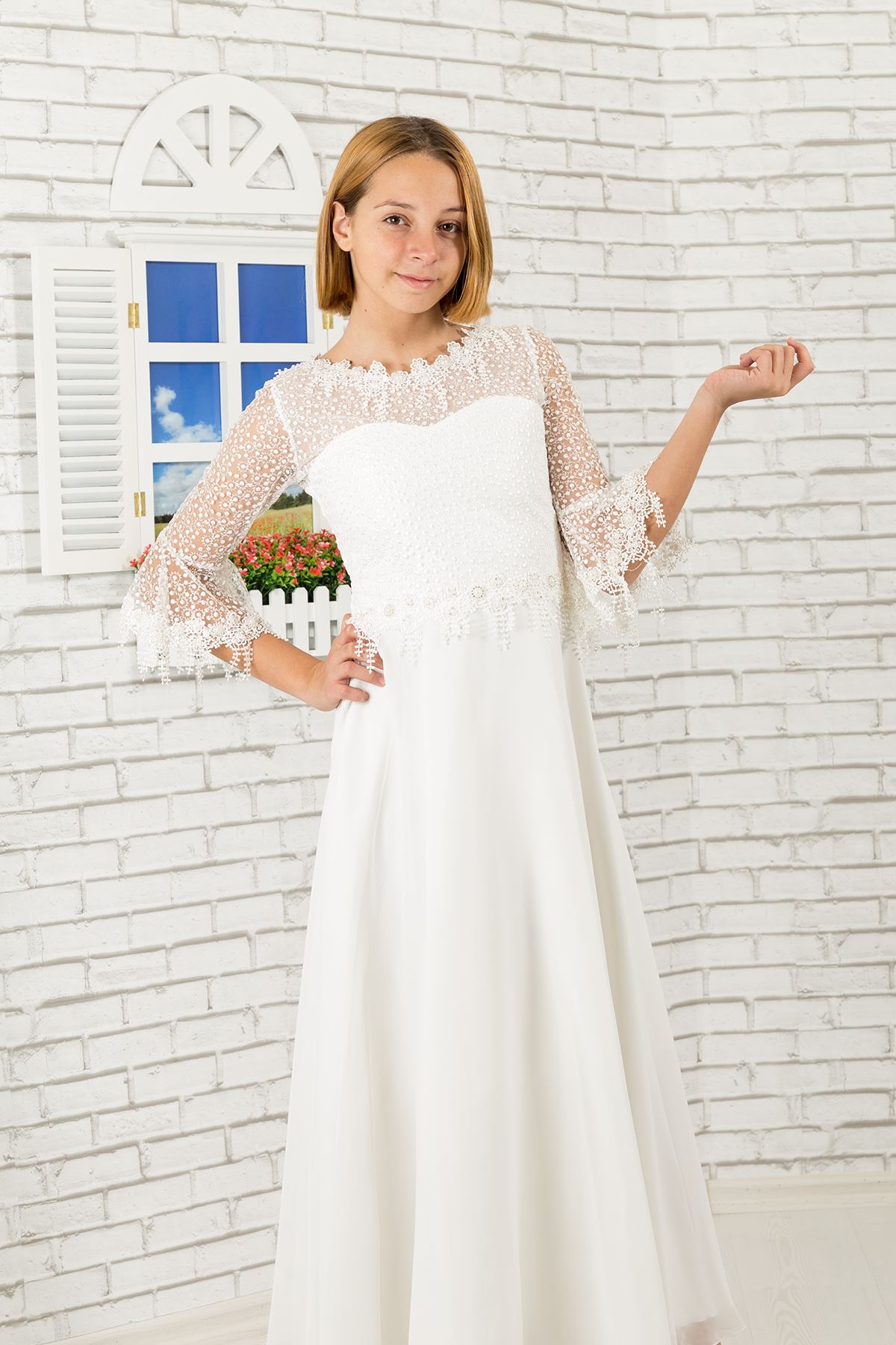 Lace Sleeve Detail, Chiffon Girl Evening Dress 464 Ivory
