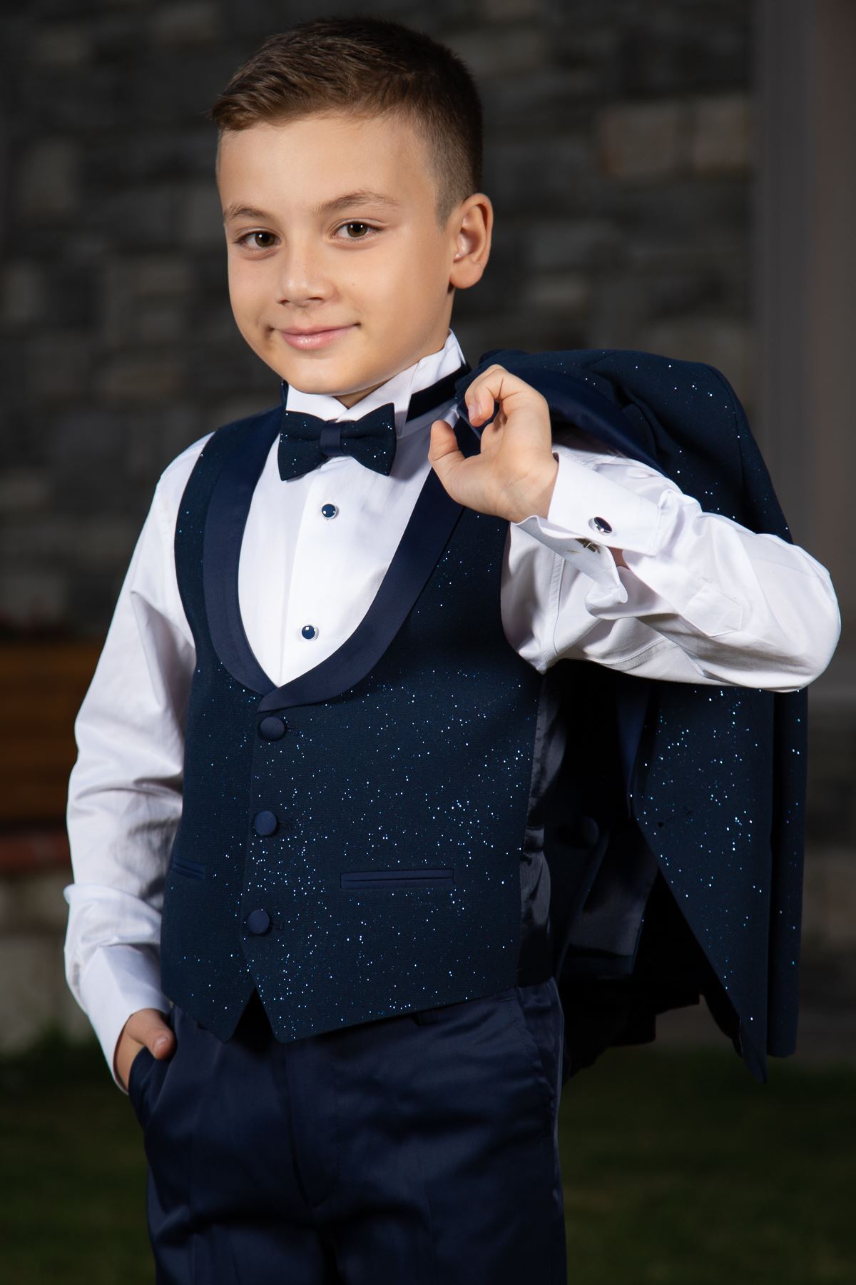 Silvery Fabric, Removable Shawl Collar, Full Set 4 Pieces Boy Special Suit 181 Navy Blue