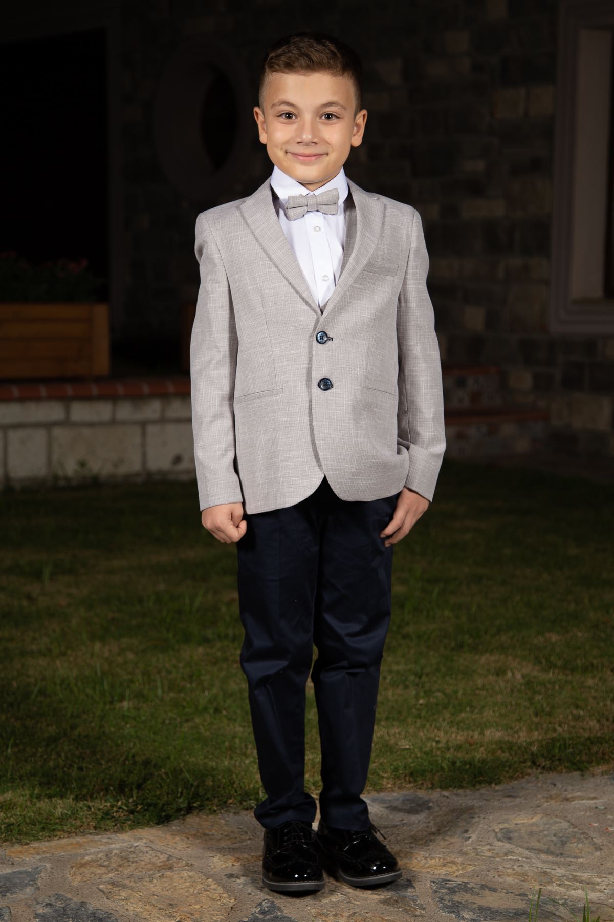 Серый узор, угловой карман, моно воротник, полный комплект костюма для мальчика 145 бежевый