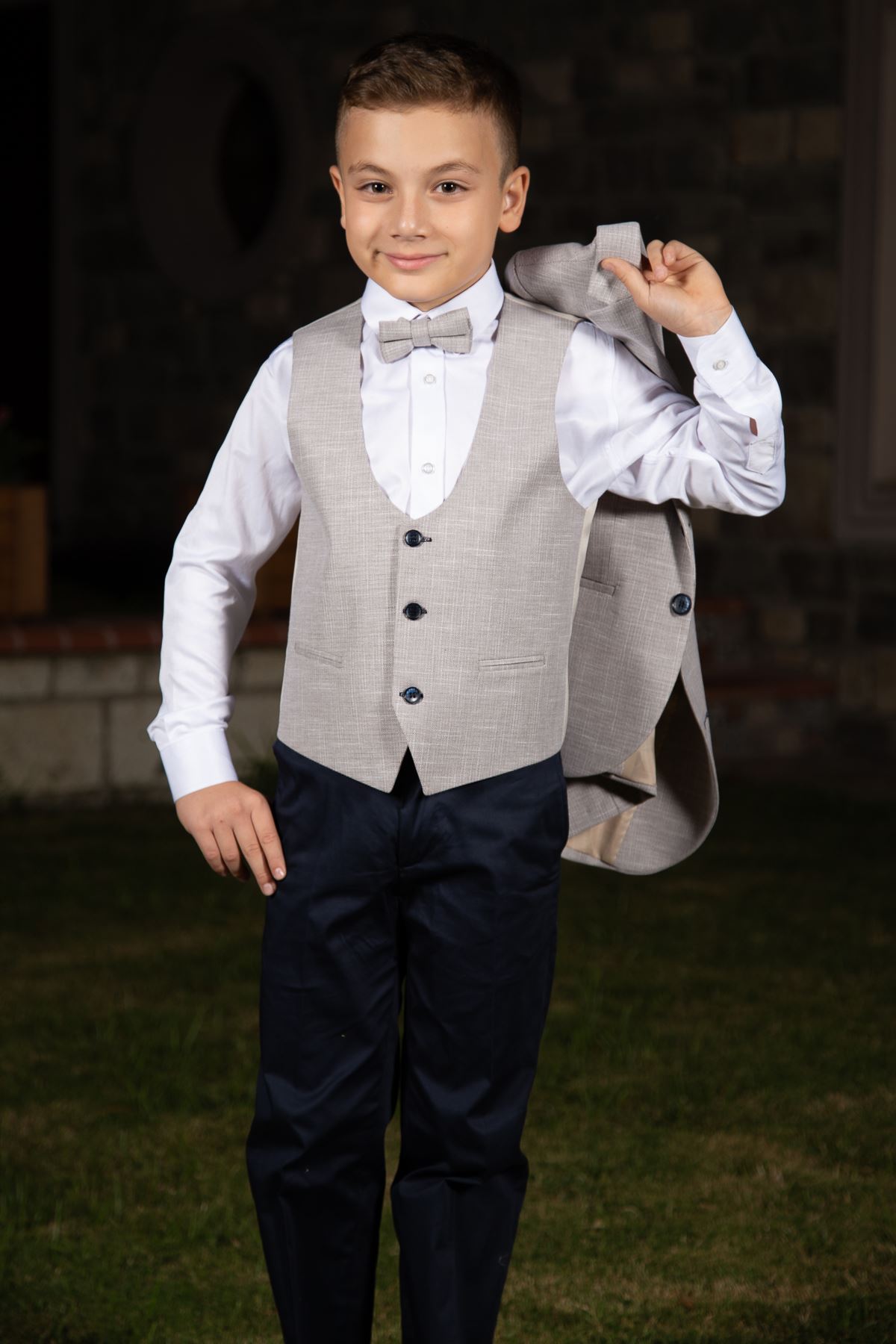 Gray Pattern, Fillet Pocket, Mono Collar, Full Set Boy Suit 145 Beige
