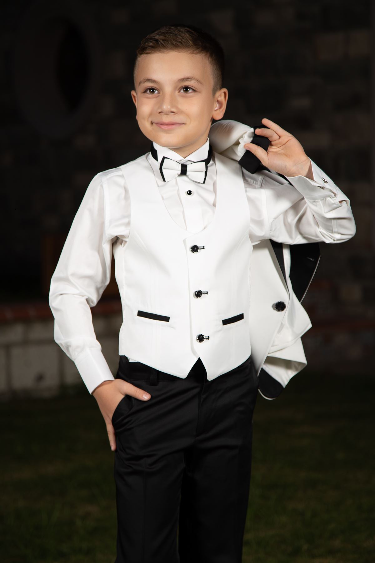 Shawl Collar, One Button, Garniture Detail Full Set 4 piece boy special suit 86 Ivory