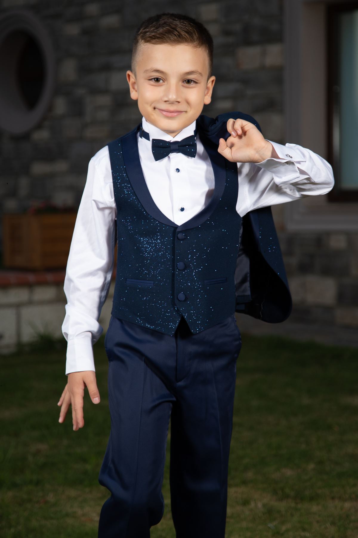 Zilverkleurige Stof, Afneembare Sjaal Kraag, Volle Set 4 Stuks Boy Special Suit 181 Marineblauw