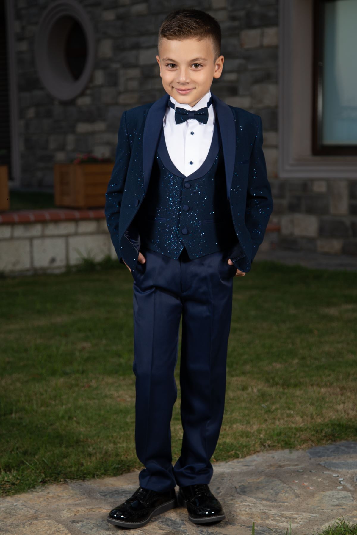 Stříbrná tkanina, odnímatelný límec šál, kompletní sada 4ks Boy Special Suit 181 Navy Blue