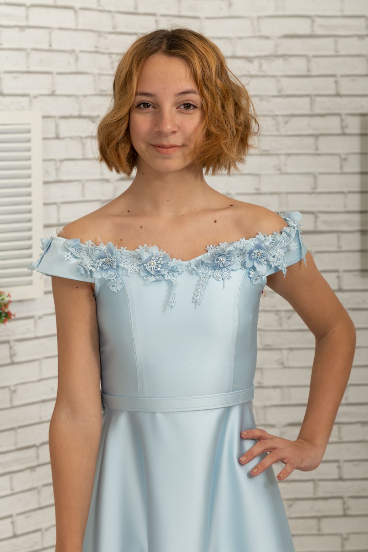 Падающая на плечо деталь воротника, 3-мерный цветок, атласное вечернее платье девушки 484 светло-голубого цвета