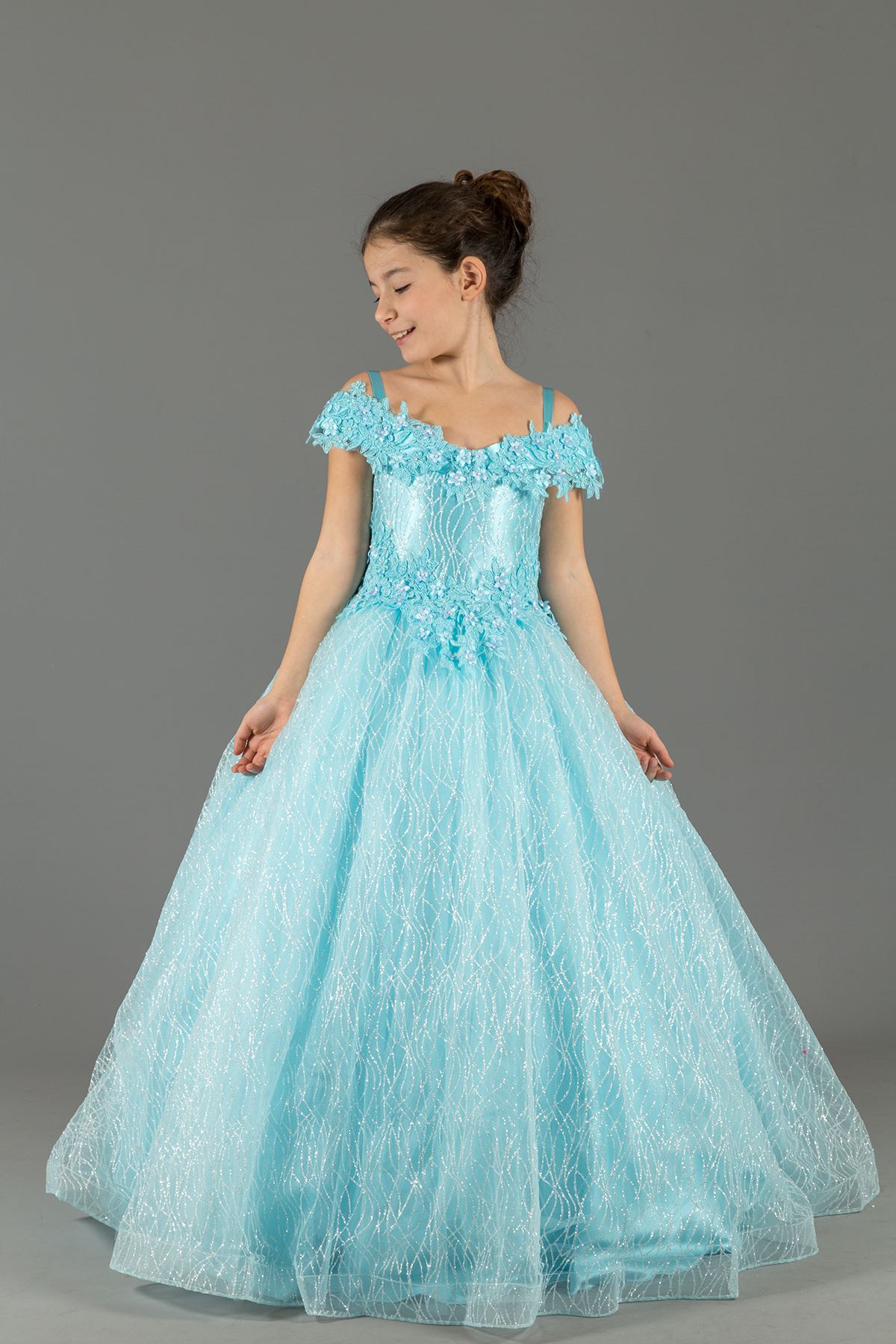 커스텀 은빛, 마돈나 넥, 아플리케 푹신한 소녀의 이브닝 드레스 576 베이비 블루
