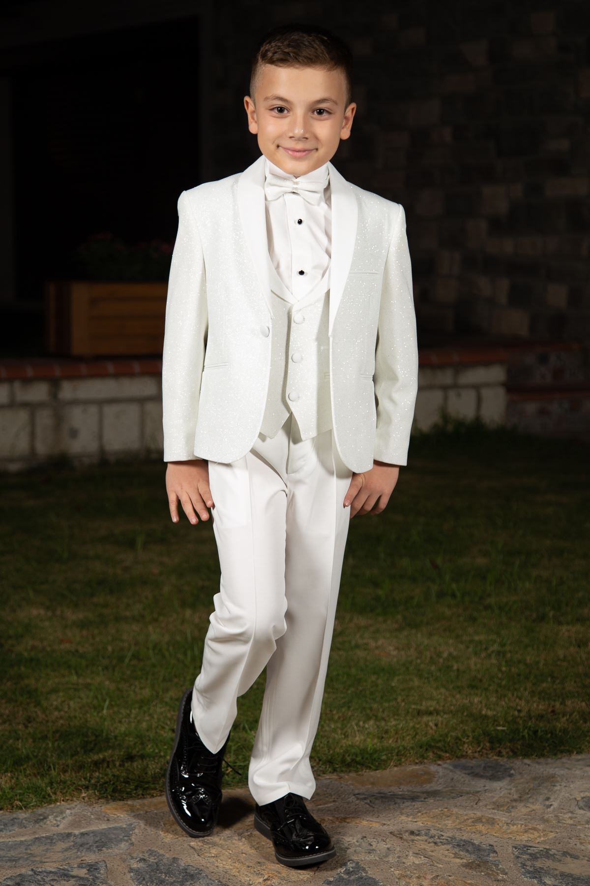 Silvery Fabric, Removable Shawl Collar, Full Set 4 Piece Boy Special Suit 181 Ivory