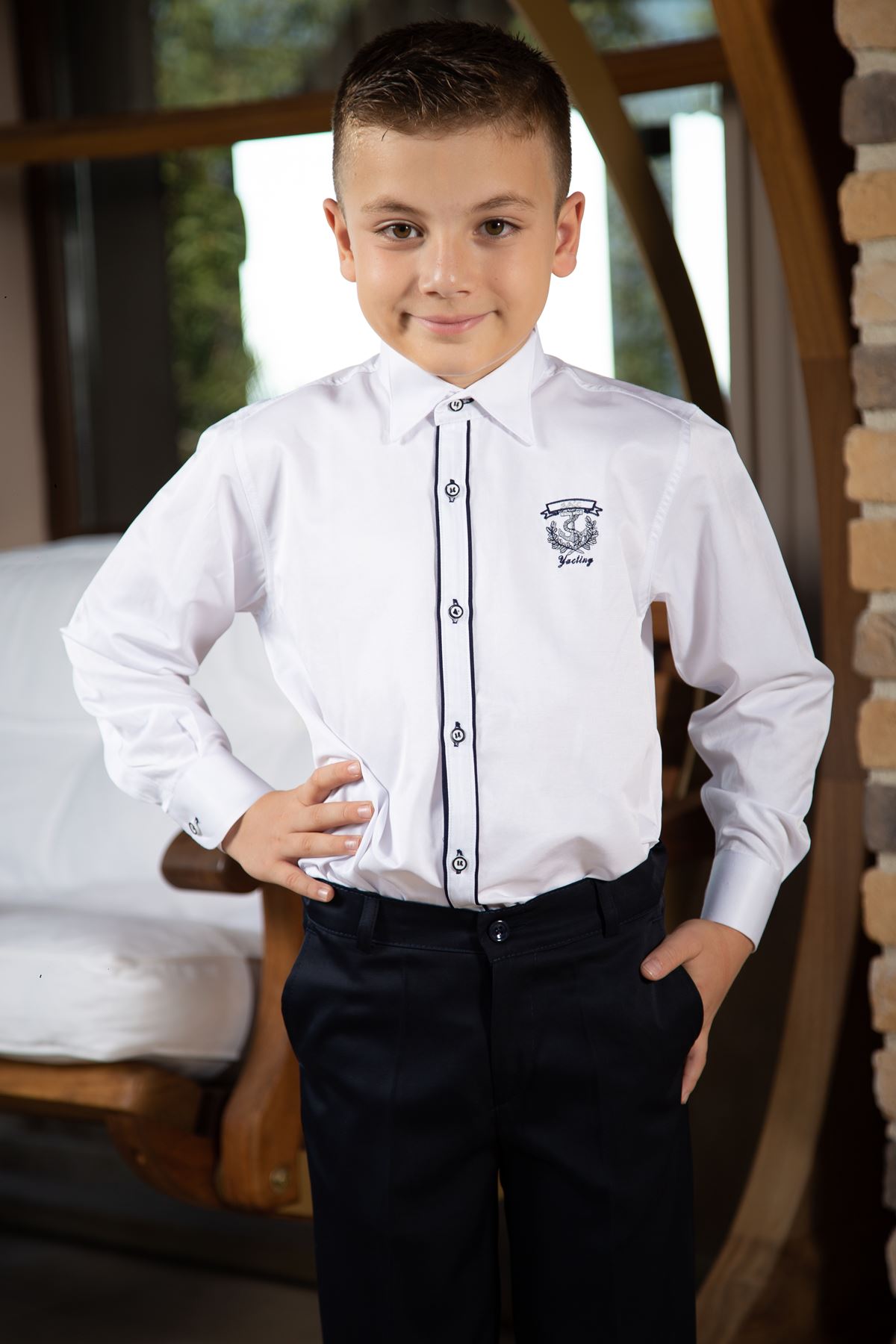 Horse collar, double navy tie, embroidery detail, Boys ' shirt 1006 White