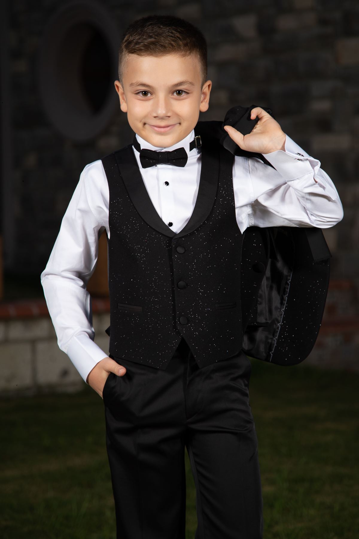 Серебристая ткань, съемный воротник-шаль, полный комплект, 4 предмета, специальный костюм для мальчиков 181 Черный