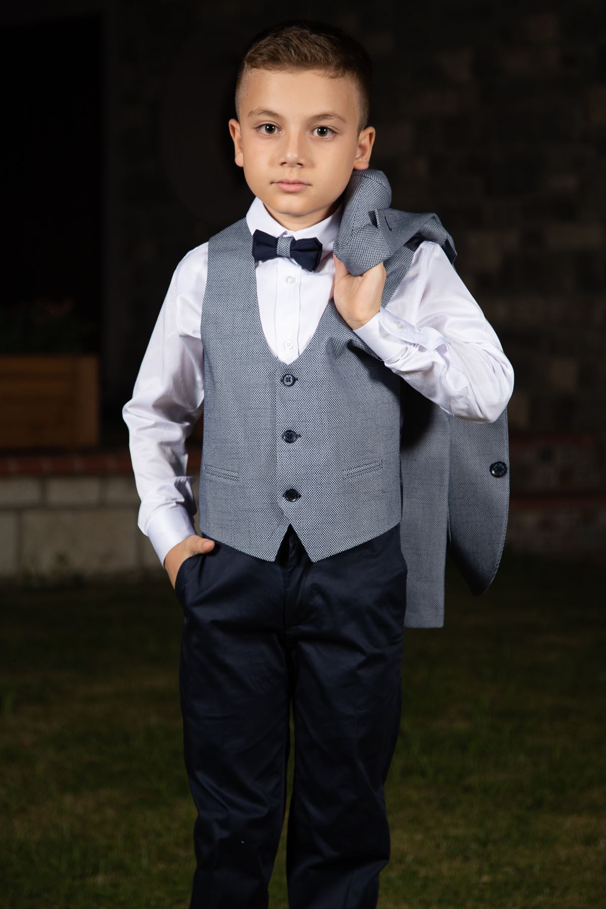 Score Pattern, Bag Pocket, Mono Collar, Full Set Boy Suit 159 Navy