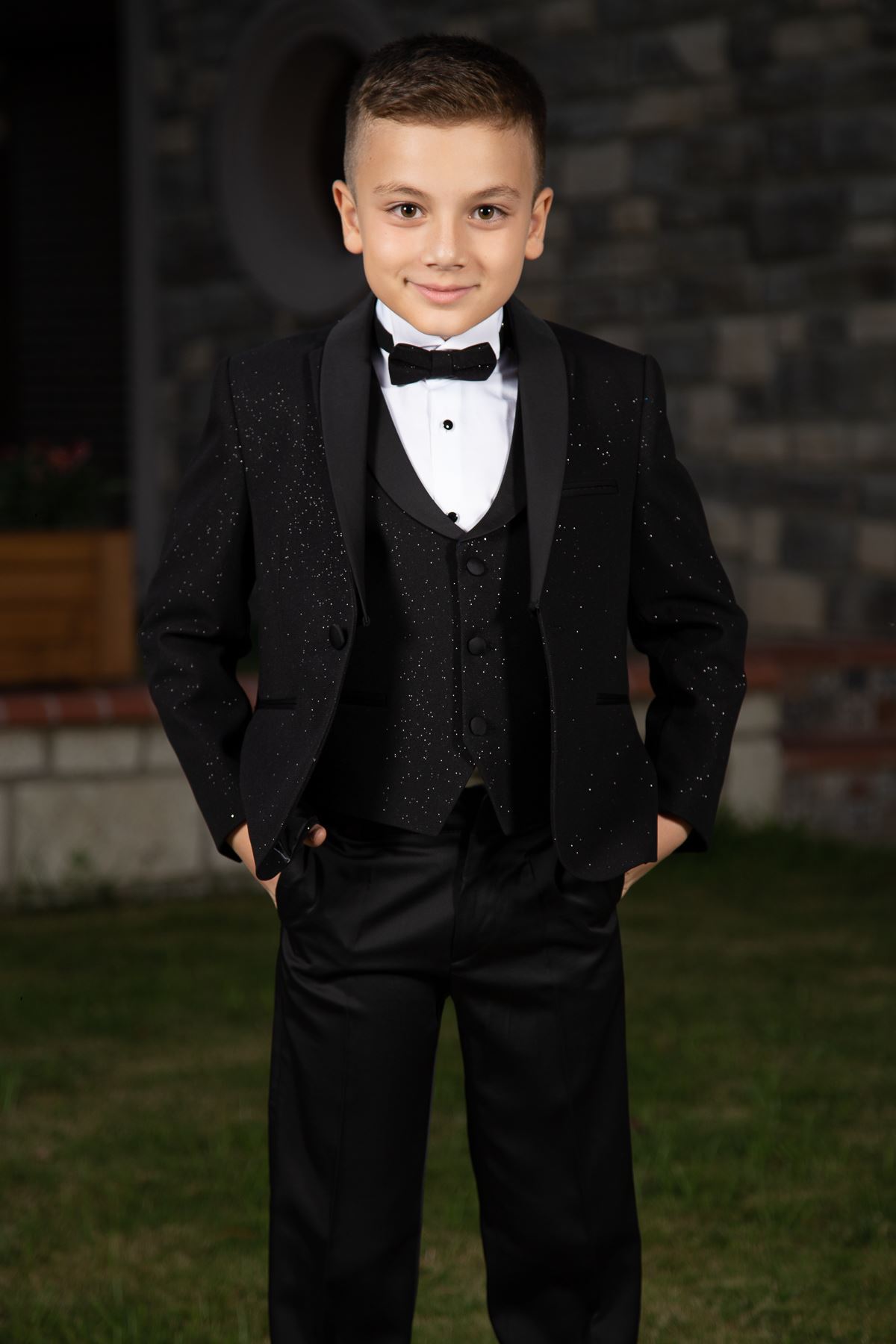 Silvery Fabric, Removable Shawl Collar, Full Set 4 Piece Boy Special Suit 181 Black