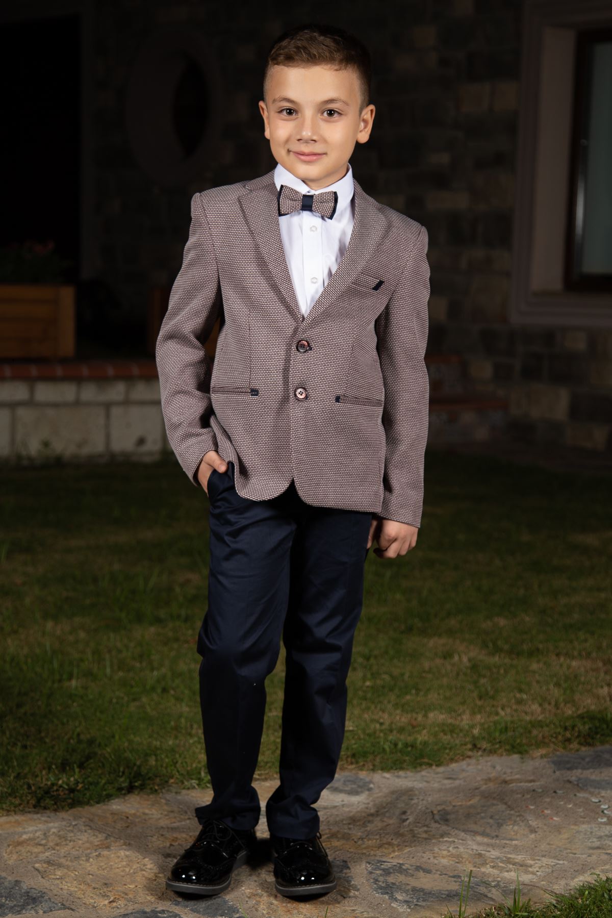 Knitted Fabric, Peto pocket and double fillet detail, mono collar, 3-piece set Boy Suit 138 Claret red