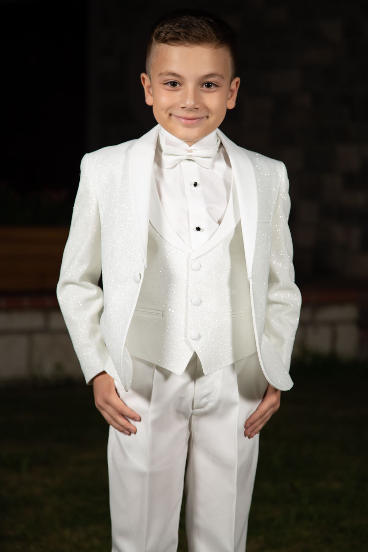 Silvery Fabric, Removable Shawl Collar, Full Set 4 Piece Boy Special Suit 181 Ivory