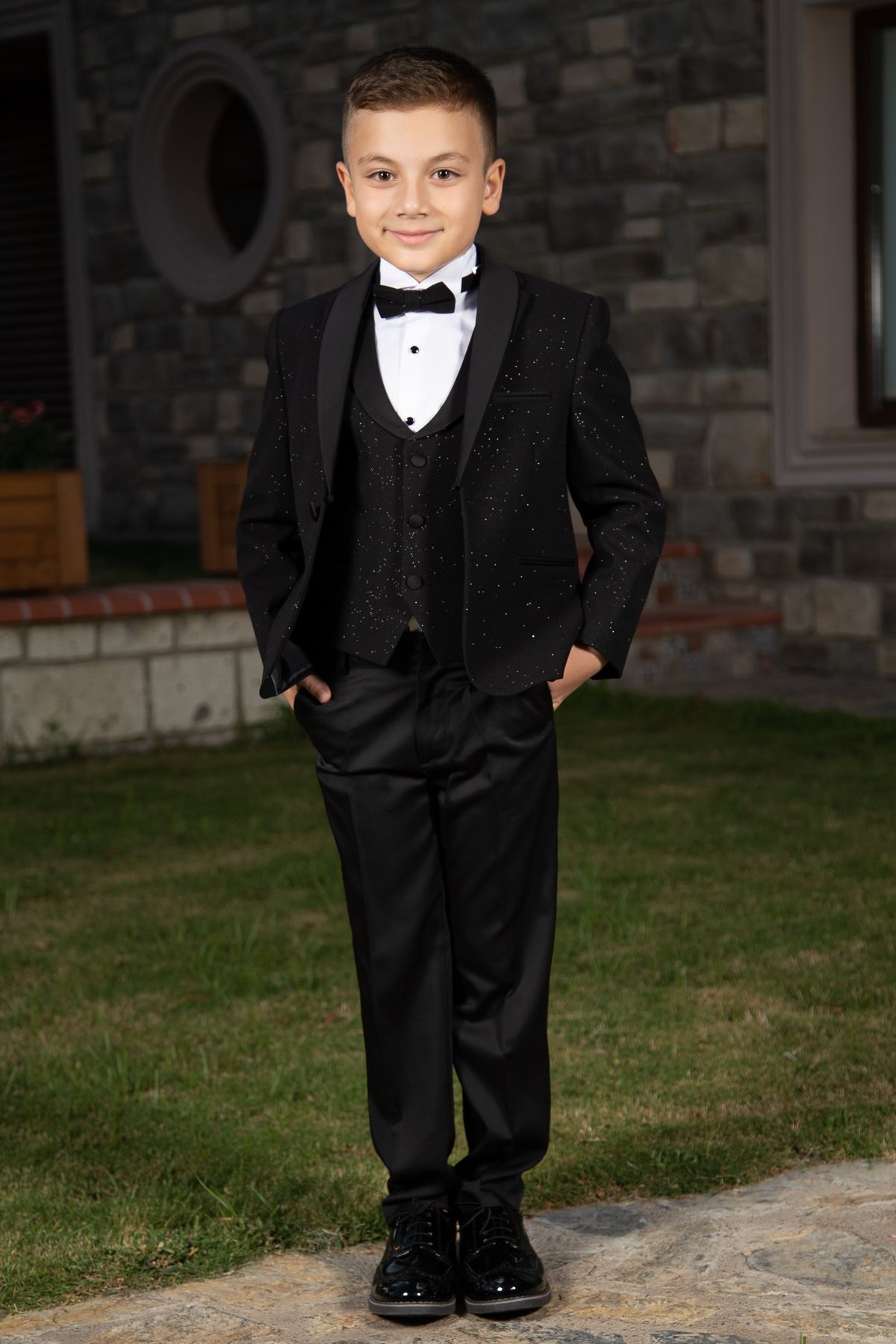 Stříbrná tkanina, odnímatelný límec šál, kompletní sada 4ks Boy Special Suit 181 Black