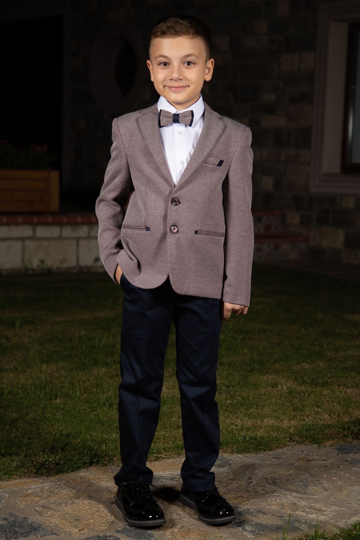 Knitted Fabric, Peto pocket and double fillet detail, mono collar, 3-piece set Boy Suit 138 Claret red
