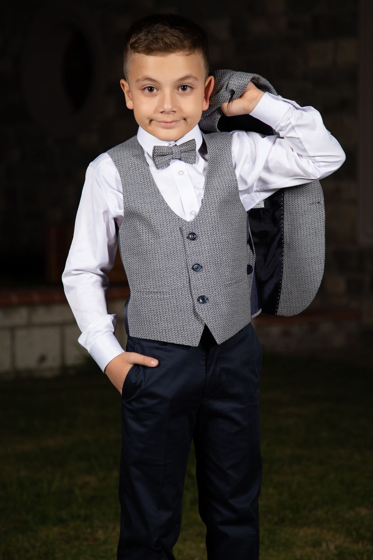 Knitted Fabric, Pocket Flap, Mono Collar, Full Set Boy Suit 148 Navy
