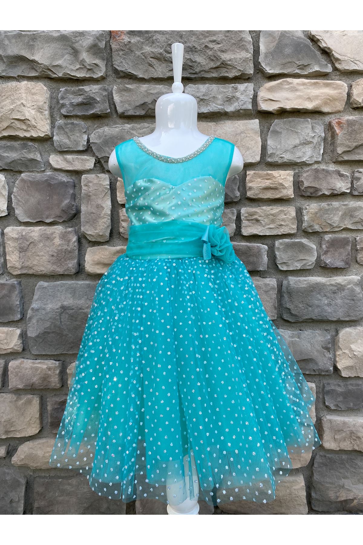 Simli Tül Yaka Detaylı Kız Çocuk Elbise 10001 Su Yeşili
