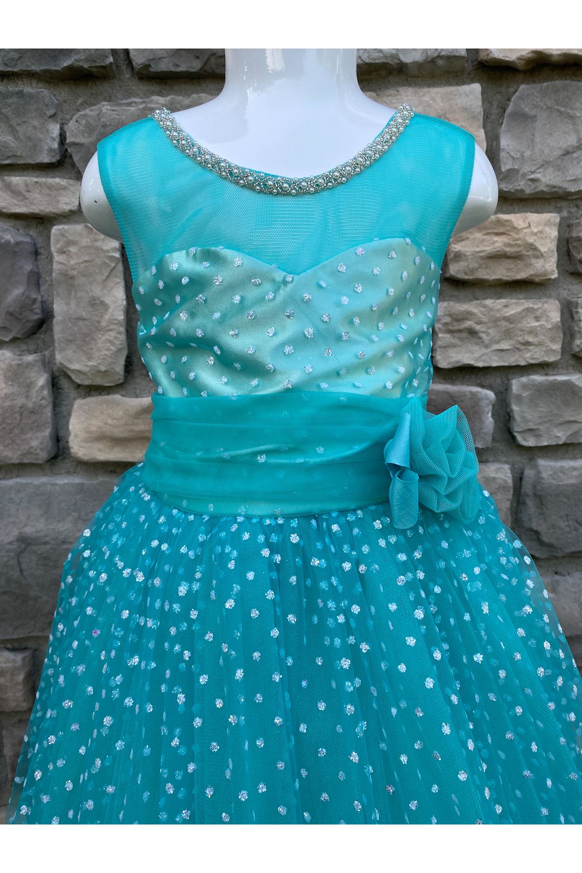 Simli Tül Yaka Detaylı Kız Çocuk Elbise 10001 Su Yeşili