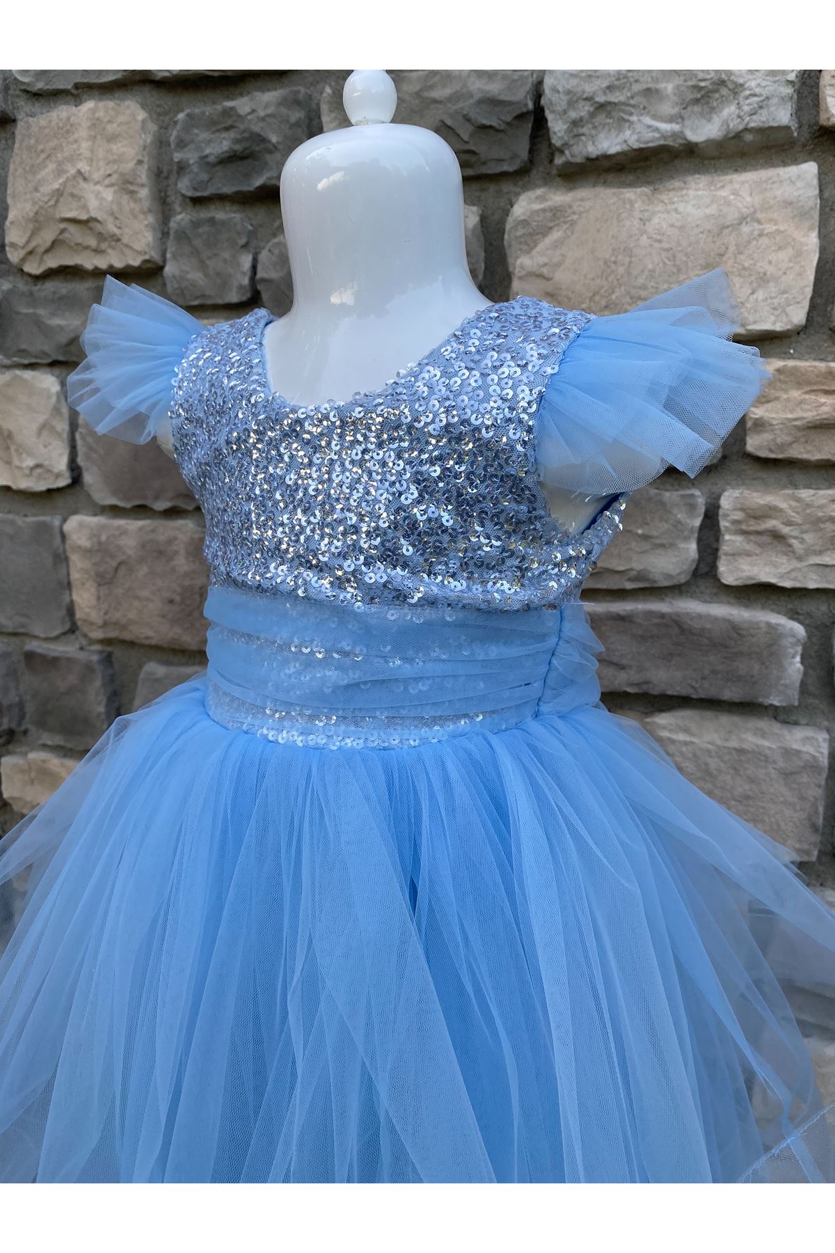 Pul Payet Omuz Detaylı Kız Çocuk Elbise 10007 Bebe Mavi