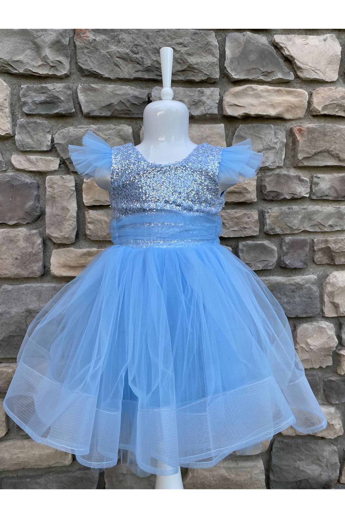 Pul Payet Omuz Detaylı Kız Çocuk Elbise 10007 Bebe Mavi