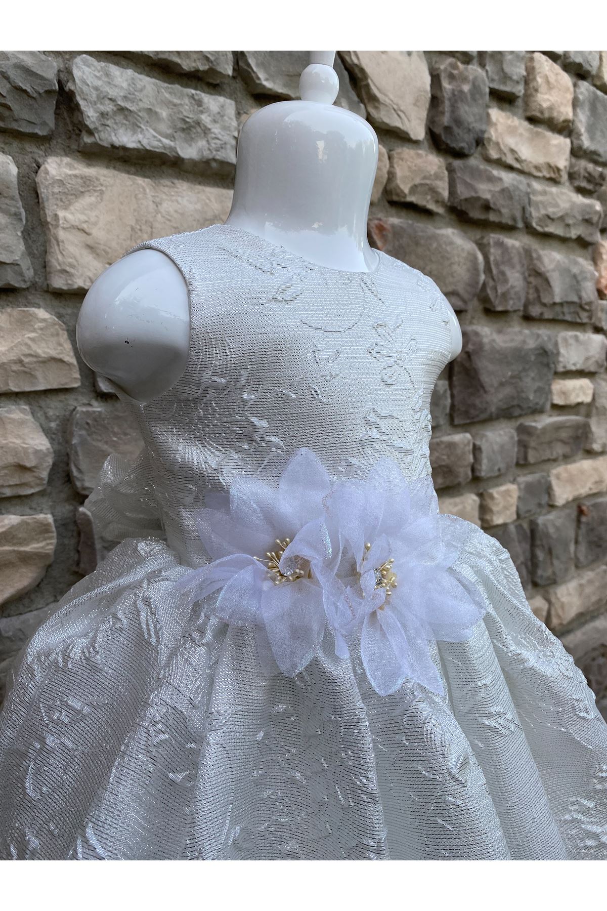 Broker Kumaş Çiçek Detaylı Kız Çocuk Elbise 10004 Krem
