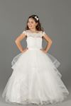 Embroidered appliqué, shoulder detail, layered skirt, Fluffy Girl's Evening Dress 591 Cream