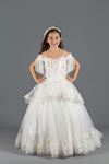 Fluffy Girl Evening Dress with Shoulder Detail, 3 Sizes of Flowers, Tulle 564 Cream