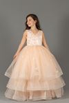 Fluffy Girl's Evening Dress 586 Salmon with layered skirt detail, 3-dimensional flower, silvery body detail