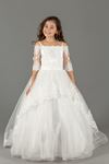 Flauschige Mädchen Abendkleid mit Applikationen, Schiere Ärmel und Rock Wasser Detail 583 Creme