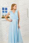 Tela de gasa plateada, v-cuello detallado vestido de noche de la muchacha 470 azul claro