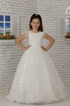 Fluffy Girl's Evening Dress with Feather on the Shoulder, Appliques and Silvery Tulle 603 Cream